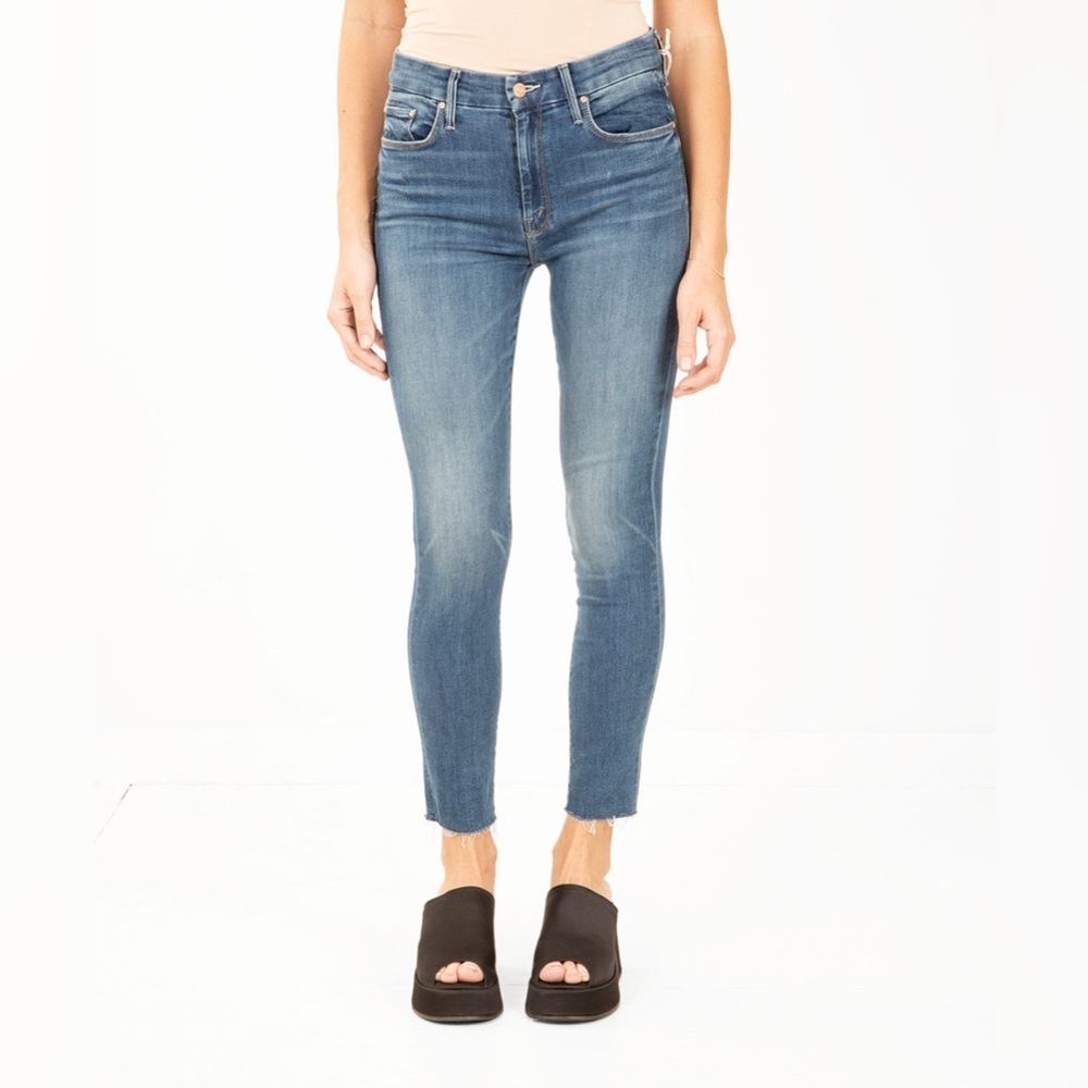 MOTHER Looker Ankle Fray Skinny Jeans Size 27 Blue Distressed Raw Hem